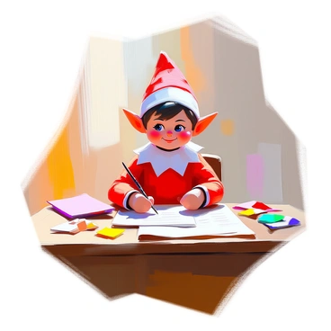 An elf on the shelf, with pointy ears and a cheerful expression, is seated at a small wooden desk. The elf is wearing a traditional red and white outfit, complete with a hat. In its tiny hands, it holds a quill, writing a letter to Santa Claus on a piece of parchment. Scattered around the desk are colorful notes and small pieces of paper, some crumpled and others neatly arranged. The scene is warmly lit, adding a cozy atmosphere to the elf's diligent task.