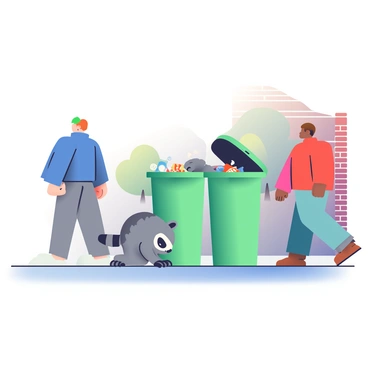 A raccoon rummaging through garbage bins, ignoring nearby humans
