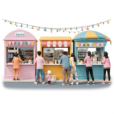 A lively street fair scene in Paris, featuring multiple food stalls. Each stall represents a different culture, showcasing a variety of dishes and decorations. One stall displays "tacos" with colorful banners and Mexican flags, while another has "sushi" arranged beautifully with cherry blossom accents. A third stall offers "crepes" with a traditional French design. Visitors of diverse backgrounds are eagerly tasting the food, chatting and enjoying the atmosphere. The street is lined with twinkling fairy lights and vibrant umbrellas, creating a festive ambiance.