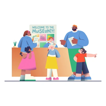 A family of four is standing at the front desk of a museum, preparing to register for membership. The mother, with light skin and short brown hair, is filling out a form while wearing a blue sweater. The father, who has dark skin and a beard, is standing next to her, holding a brochure about the museum. Their two children, a girl with curly hair and a pink dress, and a boy with glasses and a red t-shirt, are looking at an exhibit behind the desk, pointing excitedly. The front desk is made of wood, with a small potted plant and a greeting sign that reads, "Welcome to the Museum!"
