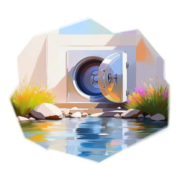 A wide river flows steadily, its surface reflecting the light of the sun. The riverbanks are lush with greenery, adorned with tall grasses and flowering plants. In the distance, the river leads directly to the open doors of a massive bank vault, which is constructed from polished steel and is intricately designed. The vault doors are wide open, inviting a sense of mystery and intrigue. Surrounding the vault are scattered pebbles and rocks along the river's edge, enhancing the scene's natural beauty.