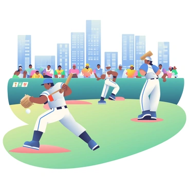 A baseball game is taking place on a vibrant green field. The players are dressed in white uniforms with blue accents, actively engaged in the game. In the foreground, a batter is poised, holding a wooden bat with both hands. The pitcher, wearing a blue cap, is winding up to throw the ball. Spectators in the stands, adorned with colorful hats and team jerseys, are cheering enthusiastically. Surrounding the field, tall city skyscrapers rise majestically, reflecting sunlight with their glass windows. In the background, a clear blue sky enhances the urban setting of the scene.