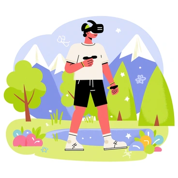 A player wearing black VR goggles is standing in a vibrant fantasy game world. The scene features lush green trees with colorful flowers surrounding the player. In the background, there are majestic mountains with snow-capped peaks. The sky is a bright blue, dotted with fluffy white clouds. The player is dressed in casual gaming attire, holding handheld controllers. Glowing magical elements, such as floating orbs and sparkling trails, are present around the player, enhancing the immersive atmosphere of the game world.