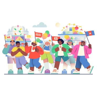 A group of children, diverse in ethnicity, are happily marching in a parade during inauguration day. Each child is holding a small flag, featuring various colors and symbols, which they wave energetically. The children are dressed in bright, festive clothing, with some wearing hats and accessories. In the background, there are decorated floats with vibrant banners and balloons. The atmosphere is filled with excitement, and the sun is shining, casting cheerful light on the scene.