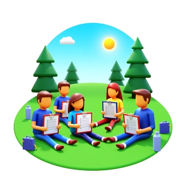 A group of students sitting on a grassy field. Each student holds a clipboard with a nature-themed exam. They are focused, writing down their answers. The sun is shining down, casting shadows on the grass. In the background, there are tall trees and a clear blue sky. Some students have pencil cases and water bottles beside them. The scene conveys a sense of concentration and outdoor learning.
