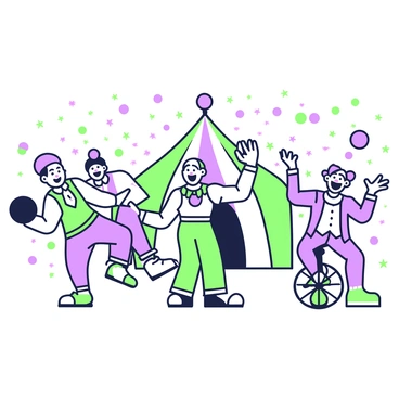 Circus performers in the middle of an act with exaggerated comic expressions