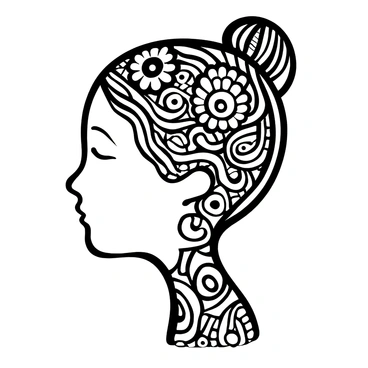 A head adorned with intricate henna tattoos swirling across the skin. The design features detailed patterns including paisleys, flowers, and vines, creating an elaborate tapestry of artistry. The skin shows the rich contrast of the dark henna against the light background, emphasizing the complexity of the designs. The hair, styled elegantly, complements the ornate decorations on the skin. The overall composition highlights the beauty and delicacy of the henna artwork.