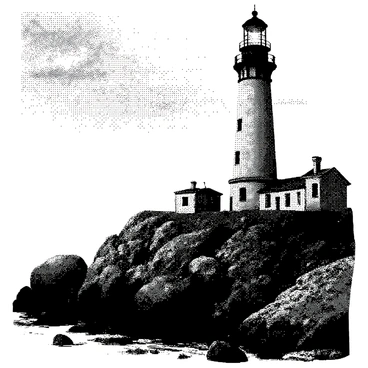 An old lighthouse stands tall on the edge of a rugged rocky cliff. The structure is weathered, with textures showing signs of age and wear. Its light is dimly glowing, casting a faint illumination in the surrounding area. The cliff is steep and jagged, with various sizes of rocks scattered around the base. The sky is transitioning into twilight, with a few clouds drifting slowly past the lighthouse. The scene conveys a sense of isolation and tranquility.