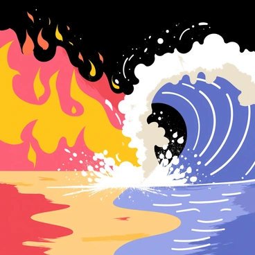 A dramatic scene depicting a fierce battle between elemental forces of "fire" and "water." On one side, there are bright orange and red flames, forming a towering inferno with flickering tongues of fire reaching outward. On the opposite side, there are powerful waves crashing, showcasing deep blues and whites, with droplets sparkling in the air. The two forces are clashing in the center, where the fire creates steam upon contact with the water. The background features a dark and stormy sky, enhancing the intensity of the battle. The ground is a mix of charred earth on one side and splashing water on the other, emphasizing the conflict between these two elements.