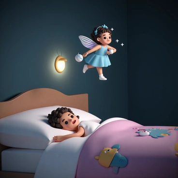 A whimsical tooth fairy, with delicate wings shimmering in iridescent colors, is flying gracefully towards a child's pillow. She has a bright blue dress adorned with sparkling stars and carries a small, glimmering pouch filled with coins. The room is dimly lit, with a soft glow from a nightlight casting gentle shadows. A cozy bed is visible, with colorful bedding featuring animals. The child, a young girl with curly hair, is peacefully asleep, her face relaxed and serene. The fairy hovers just above the pillow, her expression filled with delight as she prepares to leave a surprise.