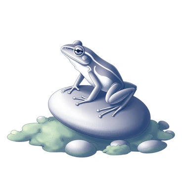 A tree frog perched on a smooth, round stone. The frog has bright, defined features, with its limbs relaxed and slightly spread out. The surface of the stone is shiny and reflects light subtly. Around the stone, a layer of lush, green moss blankets the ground, its texture soft and dense. The moss has various shapes and sizes, creating a natural frame for the stone and frog, enhancing the calm, serene atmosphere of the scene.