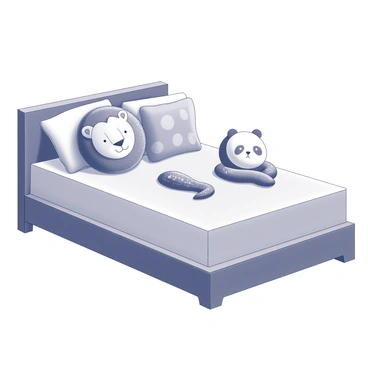 A neatly made bed is adorned with several pillows shaped like various animals. There is a large pillow designed as a round lion with a fluffy mane, next to a long pillow shaped like a snake, coiled comfortably. A smaller, square pillow resembling a panda rests at the head of the bed, while a soft, triangular pillow resembling a cat leans against the wall. Each pillow displays distinct features, such as embroidered eyes and textured surfaces, enhancing their animalistic appearance. The arrangement creates a playful and inviting atmosphere in the room.