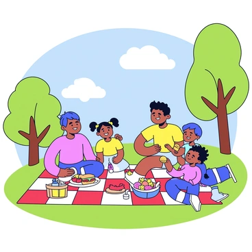 A cheerful family sits on a red and white checkered blanket spread out on the green grass of a sunny park. They are enjoying a picnic filled with various foods, including sandwiches, fruit, and lemonade. A basket filled with fresh snacks is placed beside them. The children are playing a game of frisbee nearby, while the parents watch and smile. In the background, there are trees with vibrant green leaves and a clear blue sky with a few fluffy white clouds.