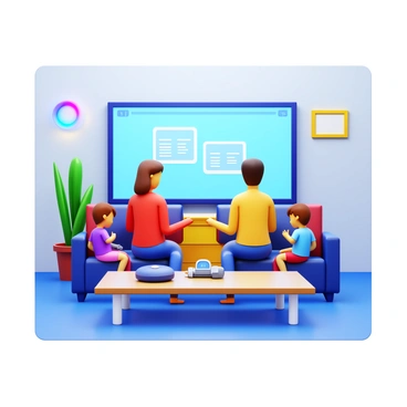 A family of four sitting together in a modern living room. The room features a large flat-screen TV displaying an interactive interface. Smart home devices, such as a voice-activated speaker on a coffee table and automated lights with color-changing capabilities in the ceiling, are visible. The parents are interacting with a tablet, while the children are playing with a robot vacuum that's programmed to navigate around the furniture. The décor is contemporary, with sleek furniture and vibrant indoor plants.