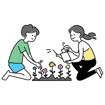 Two friends are kneeling in a community garden, surrounded by freshly turned soil and colorful flower seedlings. One friend, wearing a green t-shirt and denim shorts, is placing a pink flower into the ground. The other friend, dressed in a yellow tank top and black leggings, is holding a watering can, ready to nurture the newly planted flowers. Various types of flowers in bright colors are visible around them, creating a lively scene filled with greenery and earth tones.