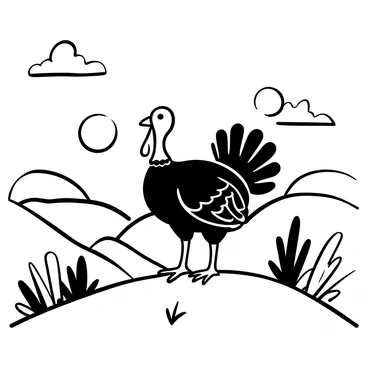 A turkey standing proudly on top of a grassy hill. The turkey's feathers are detailed, showcasing the texture and patterns. The hill is gently sloping, covered with a variety of blades of grass. In the background, the sun is setting, casting long shadows across the landscape. The sky is filled with a blend of shapes and varying tones, creating a dramatic backdrop. The scene is devoid of any human presence, emphasizing the turkey's solitary stance on the hill.