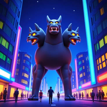 A giant Cerberus with three heads, each featuring fierce, glowing eyes and sharp fangs, towers over a bustling cityscape. The city is alive with vibrant neon lights in shades of blue, pink, and green illuminating the streets below. Skyscrapers with glass facades reflect the colorful lights, creating a dazzling visual effect. People in the foreground move through the streets, some looking up in awe at the massive creature. The night sky is dotted with stars, adding to the magical atmosphere of the scene.