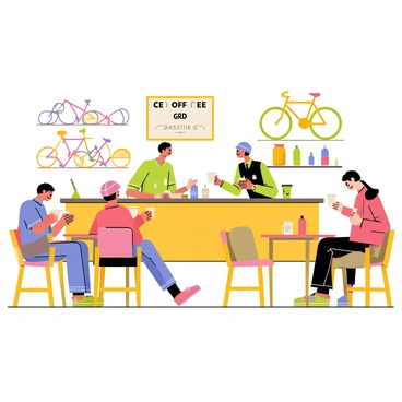 A cozy coffee shop set within a bike store, featuring wooden tables and chairs where customers sit comfortably enjoying their drinks. The scene includes various bike displays showcasing colorful bicycles arranged neatly along the walls. A barista behind the counter prepares coffee, with a menu board above displaying “coffee”, “tea”, and “pastries” in bold letters. Customers interact, some reading books, while others chat, creating a lively atmosphere. A few bike accessories, such as helmets and water bottles, are displayed decoratively on the shelves, enhancing the ambiance of the space.