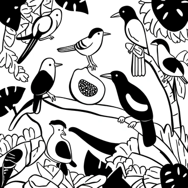 A group of various birds perched around a halved papaya on a large leaf, with some birds pecking at the fruit while others watch. The birds exhibit distinct features, such as long tails and unique wing patterns. Surrounding them are dense jungle foliage, including large leaves and vines. The scene is filled with various textures of plant life, emphasizing the thickness of the jungle environment.