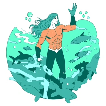 A teal Aquaman is standing in an underwater scene, surrounded by a swirling school of fish. He is depicted with long flowing hair, wearing a shimmering orange costume that blends with the aquatic environment. His arms are raised, and he is making majestic hand gestures, as if directing the movement of the fish. The fish are varied in size and shape, some darting close to him while others swirl in dynamic patterns around him. Bubbles are rising to the surface, adding to the vibrant underwater atmosphere.