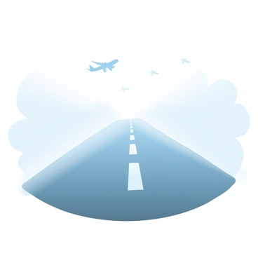 A runway extends into the distance, enveloped in thick fog that reduces visibility. The runway lights emit a soft, glowing light, their outlines barely discernible through the mist. The scene captures the mood of uncertainty and anticipation, with the fog creating an ethereal atmosphere. A few silhouettes of distant aircraft can be seen through the fog, adding a sense of depth to the image. The ground beneath the runway is dark, contrasting with the illuminated lights above.