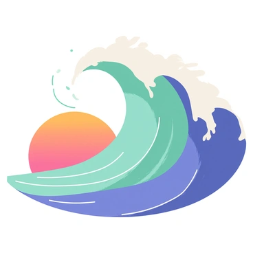 A large ocean wave with curling edges is depicted in vibrant shades of blue and turquoise. The wave features dynamic lines that suggest movement, with white foam cresting at the top. The water below is a mixture of deep navy and lighter aquamarine, creating a sense of depth. Small droplets of water are splashing outward, capturing the energy of the wave. The background shows a hint of a sunset with soft orange and pink tones blending into the sky.