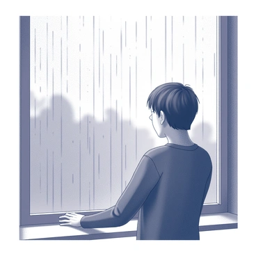 A person standing in front of a window covered in raindrops, gazing outside. The individual's facial expression conveys a sense of longing or sadness. The background features blurred outlines of rain pouring down the glass, creating a moody atmosphere. The person's hands are placed on the window sill, further emphasizing their pensive state. The light filtering through the rain creates a soft, diffused effect in the scene.