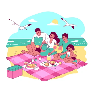 A pink and teal picnic blanket is spread out on the golden sandy beach, with a family sitting on it. A father is pouring lemonade from a large teal pitcher into colorful cups, while a mother is arranging a platter of sandwiches and fresh fruits. Two children are laughing, one holding a bright orange beach ball and the other reaching for a large slice of watermelon. Nearby, a small cooler is visible, covered with a teal lid, and a seagull is flying overhead, glancing down at the food spread. The sun is shining brightly in the clear blue sky, casting cheerful shadows on the blanket.