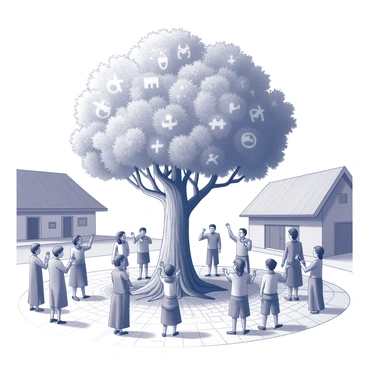 A large, symbolic tree with a thick trunk and expansive branches is planted in the center of a village square. The tree is adorned with intricately carved symbols representing freedom and unity. Surrounding the tree, a group of villagers is gathered in celebration. The villagers are diverse in appearance, wearing traditional attire that reflects their cultural heritage. Some villagers are raising their hands in joy, while others are smiling and chatting among themselves. The village square features cobblestone paths and is bordered by quaint houses with thatched roofs, creating a sense of community and festivity. The atmosphere conveys a strong sense of togetherness and purpose as the villagers celebrate this significant symbol.