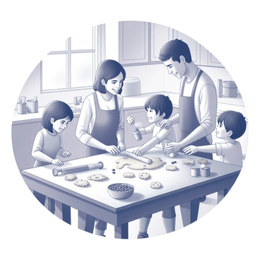 A kitchen with a wooden table in the center, covered with flour and cookie dough. A family of four is gathered around the table. The mother is rolling out the dough with a rolling pin while the father is using cookie cutters to shape the cookies. A young girl is sprinkling flour on the table, and a young boy is reaching for a bowl filled with chocolate chips. There are various baking utensils scattered around, including measuring cups and mixing bowls. The kitchen features warm wooden cabinets and a window that lets in soft natural light.