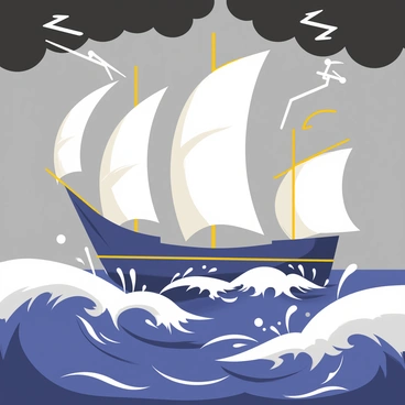 A ship with a dark blue hull is navigating fiercely through towering waves in a stormy sea. The ship has billowing white sails that are being battered by strong winds. Dark gray clouds loom overhead, with flashes of bright white lightning illuminating the scene. The waves are crashing against the sides of the ship, creating splashes of foam and water around it. In the background, the tumultuous sea stretches toward the horizon, blending dark blue and green shades under the stormy sky.