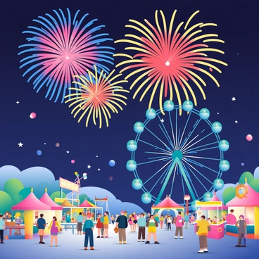 A grand fireworks display is exploding in vibrant colors against a dark night sky over a carnival. The fireworks are bright red, blue, and yellow, illuminating the scene and casting colorful reflections on nearby surfaces. Below, the carnival is bustling with activity; colorful tents and stalls are filled with lights and decorations. People in various outfits are wandering around, some are holding cotton candy and balloons. A large, brightly lit Ferris wheel stands tall, and its lights twinkle in sync with the fireworks above. The atmosphere is lively and festive, creating a joyous moment at the carnival.