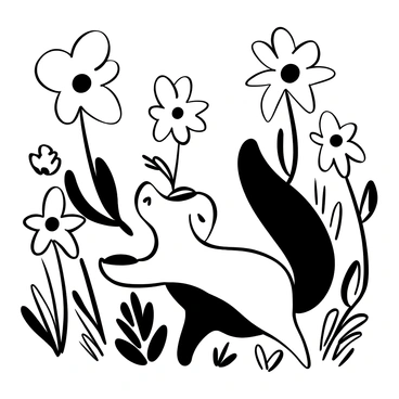 A pine marten with a bushy tail is playfully positioned among an array of blooming flowers, with petal details clear and distinct. The flowers vary in size and shape, creating a lively scene around the animal. The pine marten is depicted in a crouched stance, as if it is ready to pounce. Various stems and leaves surround it, adding to the natural environment. The entire composition showcases the vibrant life of spring.