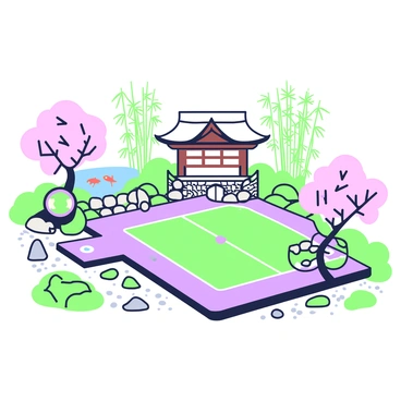 A pickleball court set in a peaceful Japanese zen garden