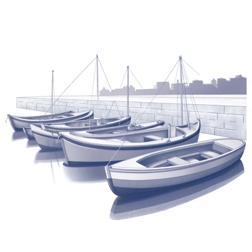 A collection of traditional Marseille boats is docked by the harbor. The boats are made of wood, featuring intricate designs and patterns on their hulls. Each boat has a distinct shape, with some having curved bows and others with flat sterns. The harbor is lined with stone walls and a gentle water surface reflecting the boats' outlines. In the background, there are silhouettes of buildings resembling the architectural style of Marseille, creating a cohesive atmosphere of the port. The scene captures the essence of a bustling harbor, with ropes and nets neatly arranged on the boats.