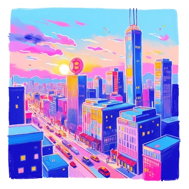 A city skyline is visible at dusk, showcasing a variety of tall buildings with glass windows reflecting the fading sunlight. Among these structures, a giant "bitcoin" symbol rises prominently above the other buildings. The skyline includes skyscrapers with unique architectural designs, while the streets below are bustling with cars and pedestrians. The sky transitions from blue to orange and purple hues as the sun sets, casting a warm glow over the scene.