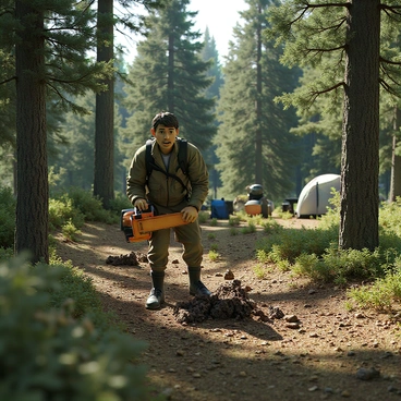 An explorer with rugged features and wearing a green and brown camouflage jacket is using a chainsaw. The explorer is focused, with sweat glistening on his forehead as he cuts down a small tree to clear space for a campsite. Surrounding him is a dense forest with tall pines and underbrush. The ground is covered in fallen leaves and twigs. In the background, a small clearing can be seen where camping gear, including a tent and a backpack, is set up. Sunlight filters through the trees, creating dappled patterns on the forest floor.