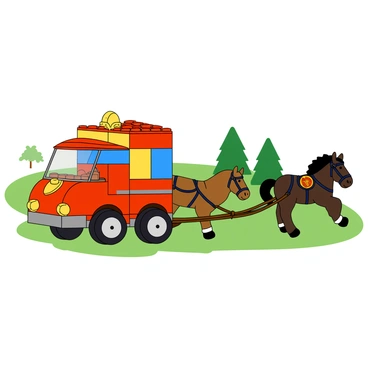 A colorful Lego truck with various blocks in bright shades of red, blue, and yellow. The truck's cabin is modified to resemble a medieval horse-drawn carriage, featuring ornate details like decorative shields and a rounded roof. Chassis parts of the truck are adapted to form the base of the carriage, while Lego wheels are replaced with larger, spoked wheels. Two Lego horses, one brown and one black, are attached to the front, pulling the carriage with their reins connected. The background includes a simple Lego landscape with green blocks representing grass and a few Lego trees dotting the scene.