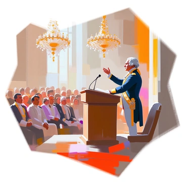 George Washington, dressed in an elegant 18th-century military uniform, stands at a podium delivering a powerful speech. He has a determined expression as he gestures passionately with one hand raised, emphasizing his words. The grand hall is filled with a captivated audience, consisting of men and women in period attire, listening intently. Ornate chandeliers hang from the ceiling, casting a warm light over the scene. Richly decorated walls and large windows in the background contribute to the opulent atmosphere of the historical setting.