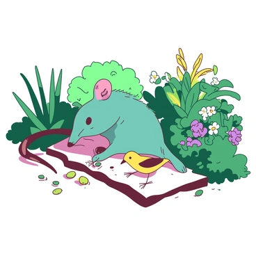 A teal shrew is sitting on a garden path, sharing a meal with a small yellow bird. The shrew has its tiny paws holding a piece of scattered food, while the bird is pecking at the ground nearby, trying to reach the meal. Surrounding them are vibrant green plants and colorful flowers, creating a lively garden atmosphere. The sunlight illuminates the scene, casting gentle shadows along the path. The shrew and the bird seem focused on their meal, occasionally glancing at each other.