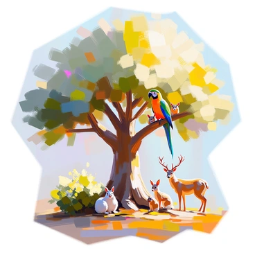 A large, vibrant tree with a thick trunk and lush green leaves stretches towards the sky. Various animals are nestled within its branches and around its base, showcasing a harmonious ecosystem. A colorful parrot perches on a branch, while a playful squirrel scurries along the tree trunk. Near the roots, a family of deer grazes peacefully, and a rabbit peeks out from behind a bush nearby. Sunlight filters through the leaves, illuminating the scene and highlighting the rich biodiversity of a healthy forest.