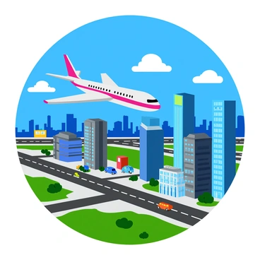 A Boeing 727 with a sleek design is flying through a clear blue sky. Below, a vibrant cityscape is bustling with activity. Tall skyscrapers rise prominently, featuring glass facades that reflect the sunlight. The streets are filled with small cars, and there are patches of green parks interspersed among the buildings. The city is alive with energy, showcasing a mix of modern architecture and urban life.
