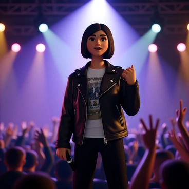 A musician standing confidently on stage, illuminated by a bright spotlight. The musician has medium-length hair, wearing a stylish black leather jacket over a graphic t-shirt. They are holding a microphone in one hand, with a passionate expression on their face. Surrounding the musician are colorful stage lights and fog effects that add a dynamic atmosphere. In the background, an enthusiastic crowd is visible, cheering and clapping, emphasizing the energy of the performance.