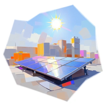 An array of solar panels arranged neatly on a factory rooftop, reflecting sunlight as they capture energy. The panels are dark blue with a glossy surface, contrasting with the textured gray of the rooftop. Above, the bright sun shines in a clear blue sky, casting sharp shadows from the panels. The factory building itself is a modern structure, with large windows and a metal frame, providing a backdrop to the renewable energy installation.