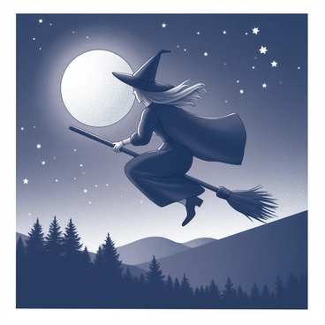 A witch riding a broomstick, soaring high above a dark landscape. The witch is dressed in a flowing robe with a pointed hat, her hair billowing behind her as she flies. Below, a silhouette of trees is visible against the night sky, their branches reaching upwards. The moon is full and bright, casting light over the scene, while numerous stars twinkle in the expansive background. The landscape is deep and mysterious, with rolling hills fading into the distance.