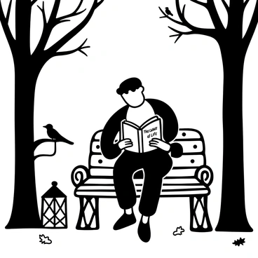 Frankenstein's monster, with a bulky and stitched-together body, sits on a park bench adorned with intricate carvings. The bench is surrounded by tall trees with twisted branches, creating a stark silhouette against the sky. In the monster's large hands, there is a book titled "The Secrets of Life," which is open as he reads intently. Nearby, a scattering of fallen leaves covers the ground, and a lantern stands beside the bench, casting faint shadows. Birds perch on the branches above, adding to the park's serene atmosphere.