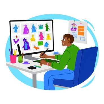 An illustrator sits at a modern desk, focused on creating character designs for a fantasy video game on a computer. The computer screen displays vibrant sketches of various fantasy characters, including elves, orcs, and wizards. The illustrator uses a stylus to draw on a graphics tablet, surrounded by colorful swatches and reference images pinned to a board. The room is filled with art supplies, including pencils and markers, and various fantasy-themed artworks decorate the walls. A soft light illuminates the workspace, highlighting the illustrator's concentrated expression.