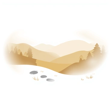 A sweeping landscape with a valley enveloped in "golden fog" that creates a soft, ethereal glow. The fog thickens in certain areas, obscuring the details and creating a sense of mystery below. The valley is lined with silhouettes of trees, their outlines softened by the fog. The rolling hills in the background gradually fade into the distance, appearing muted and hazy. Small patches of grass peek through the fog, suggesting the presence of life below the surface. A few scattered rocks are visible, partially shrouded in the golden mist, enhancing the intrigue of the hidden landscape.