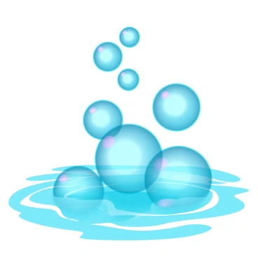 A cluster of shimmering hydrogen gas bubbles rising through clear water. The bubbles vary in size, with some being small and others larger, creating an interesting visual contrast. Light refracts through the water, casting subtle reflections and highlights on the surface of the bubbles. The surrounding water is calm, with soft ripples disturbed by the movement of the bubbles as they ascend towards the surface.