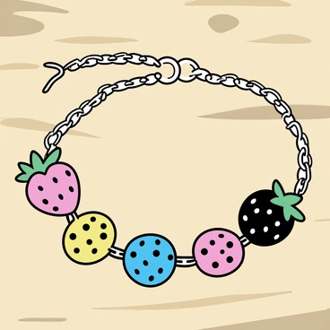 A silver bracelet, featuring a chain design, is displayed on a wooden surface. The bracelet is adorned with colorful charms, each shaped like a different berry, including strawberries, blueberries, raspberries, and blackberries. The vibrant colors of the berries contrast with the shiny silver of the bracelet, creating an eye-catching composition. The wooden surface provides a warm, natural backdrop for the jewelry, enhancing the visual appeal of the charms.